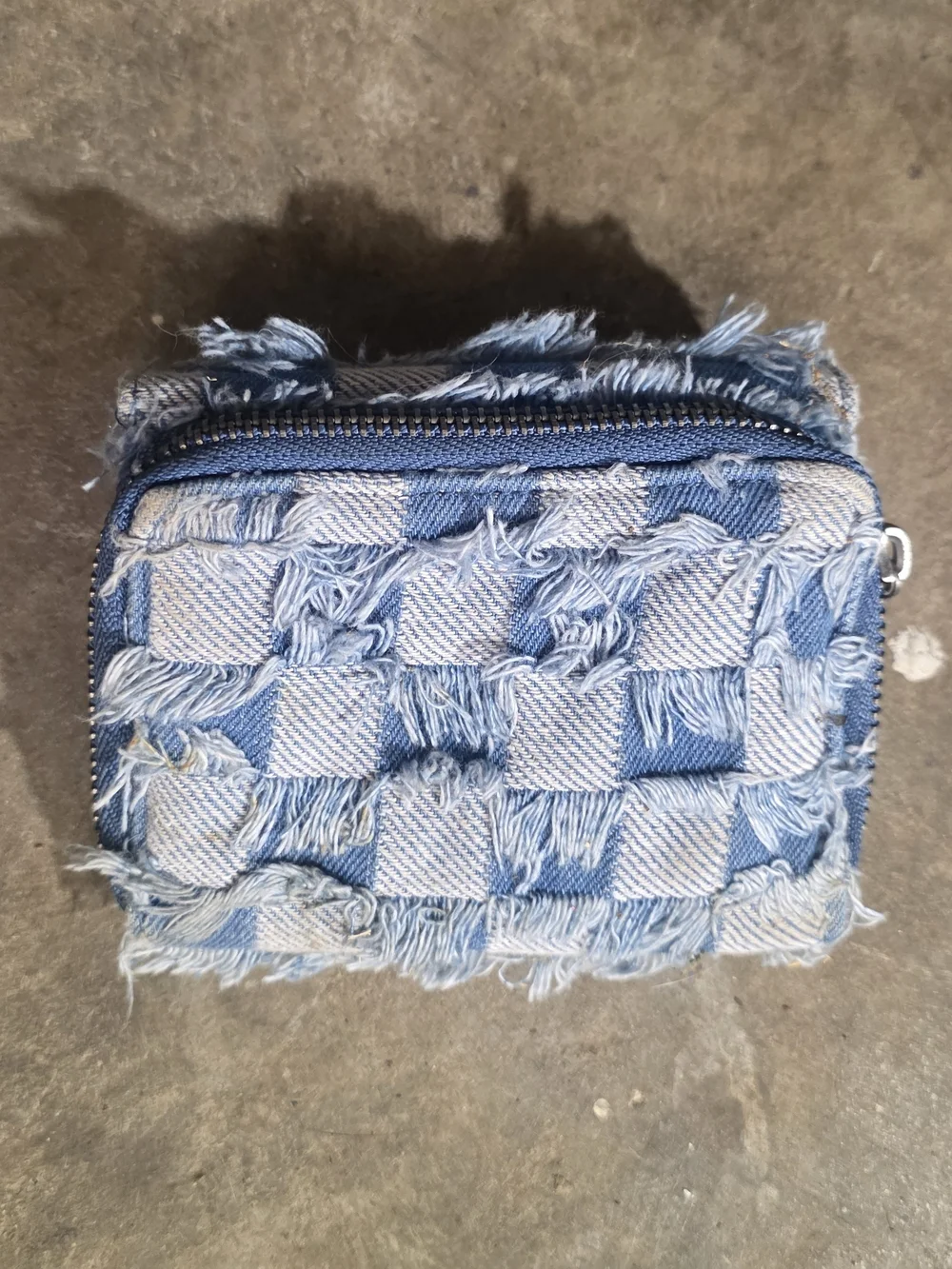 Frayed Denim Checker Crossbody Bag And Wallet Combo - Blue